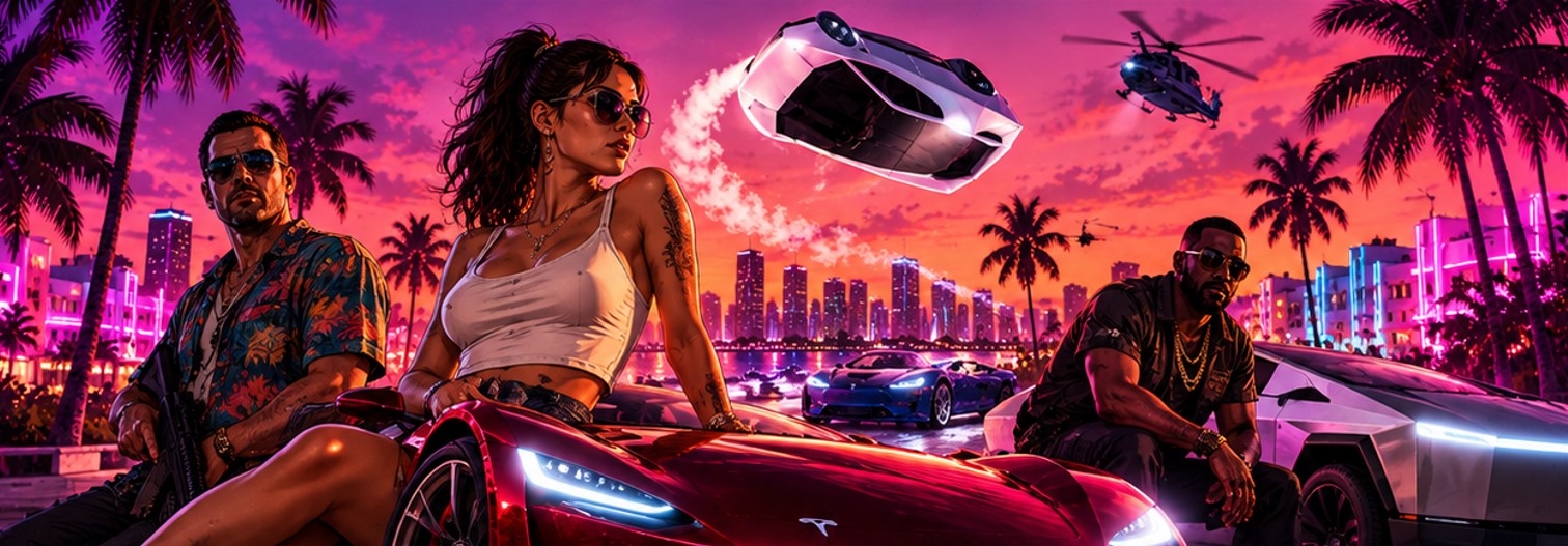The crew posed on a red supercar along the Vice City waterfront
