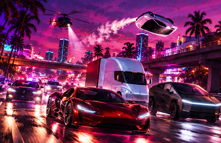 Supercars and a semi charging a neon highway under the flying Roadster
