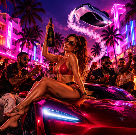Night party on a red supercar under neon palms