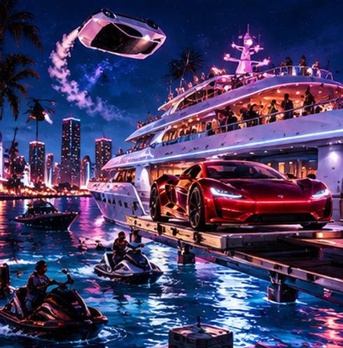 Red supercar launching off a yacht ramp while the Roadster flies overhead