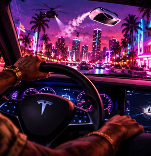 Cockpit view down a neon street with the Roadster in the sky