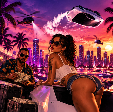 Crew on the waterfront with cash, cases, and the flying Roadster